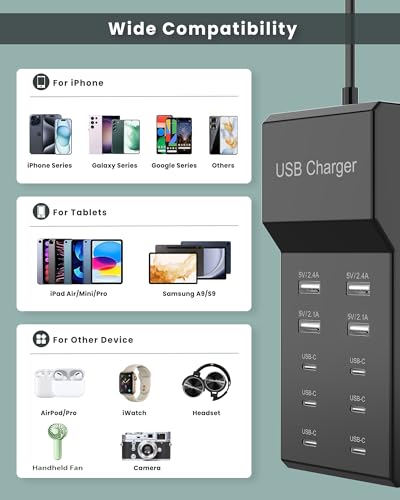 USB C Charger Block 10-Port USB-C Charging Station 6 USBC Ports & 4 USB-A Ports Total 50W USB Power Strip for Multi Devices for iPhone 16 17 15 14 13 12 Se, Galaxy, Pixel, Tablet, Camera, Headphones