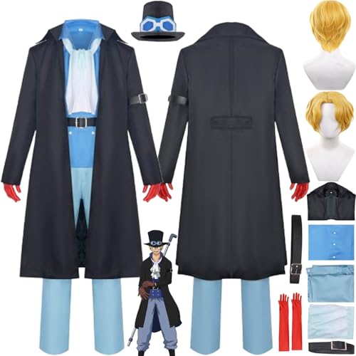 bbganlian Anime One Piece Sabo Disfraz de cosplay Portgas D Ace Juego de Roles Uniforme Conjunto Completo Halloween Fiesta Carnaval Traje de Vestir con Peluca Sombrero para Hombres (L)