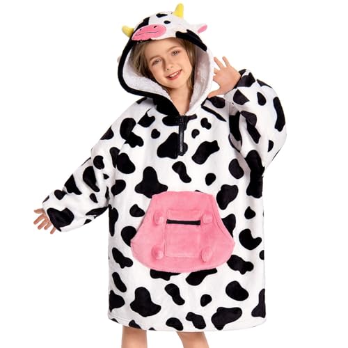 OLAOLA Sudadera con Capucha de Gran Tamaño para Niños, Vaca Manta de Forro Polar Sherpa con Mangas y Bolsillos, Suave Cálida y Acogedora Sudadera Manta para Niñas Niños
