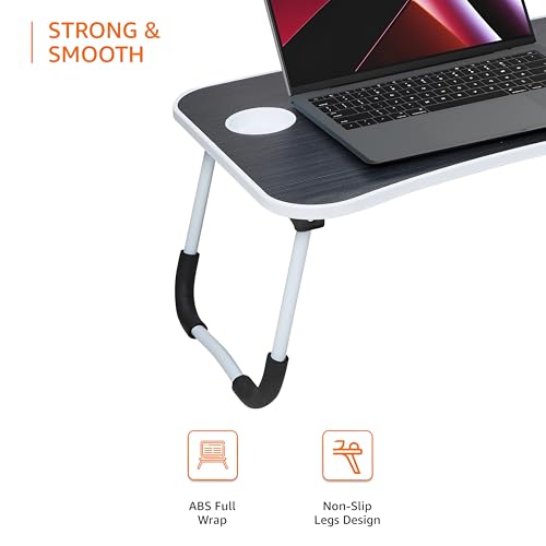 Image of Amazon Basics Engineered Wood Foldable Laptop Table with Cup Holder, Tablet Groove and Mini Drawer (60L x 40W x 26H cm, Black)