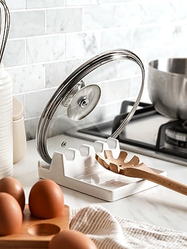 LE TAUCI Ceramic Spoon Rest for Stove Top, Spoon and Lid Rest for Kitchen Counter, Spoon Holder with Drip Pad for Multiple Utensils, Heat-Resistant, Housewarming Present - 6.2 inch, Set of 1, White