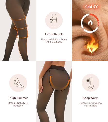 Image of Fleece Lined Tights Women,Tummy Control Fake Translucent Warm Pantyhose High Waist Leggings for Winter