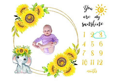 Image of Elephant Milestone Blanket for Baby Girls Boys Soft Sunflower Photography Background Prop Monthly Milestone Trackers Growth Chart Blanket 60" x 40", Nursery Decor