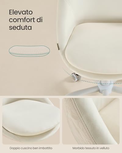 SONGMICS Sedia da Studio, Sedia Girevole con Parte Anteriore di Velluto, Poltrona da Scrivania Imbottita in Gommapiuma Regolabile in Altezza, Studio, Camera da Letto, Bianco Crema OBG020WD01 - Immagine 4