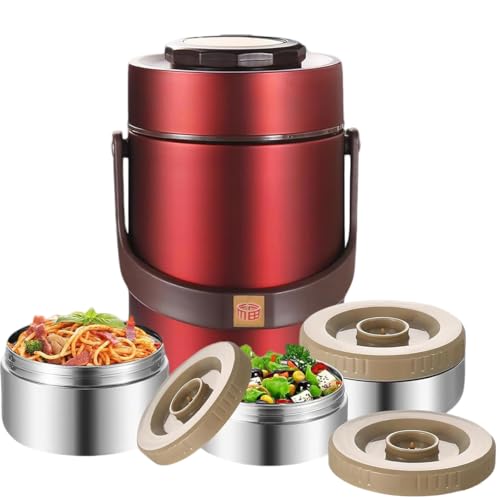 67oz Vacuum Insulated Lunch Food Container for Hot Food, 3 Tier Sealed Stackable Food Thermo, Adults Stainless Steel Wide Mouth Thermal Lunch Box, Leak-Proof Thermo Food Jar for Office & Outdoor(Red)