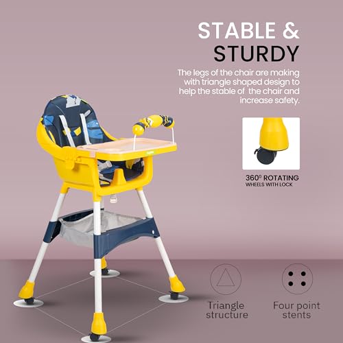 Image of Baybee 3 in 1 Auro Baby High Chair for Kids | Feeding Chair with 3 Height Adjustable & Basket, Booster Seat with Food Tray, Toy Bar & Safety Belt | High Chair for Baby 6 Months to 4 Years Boys Girls (Blue)