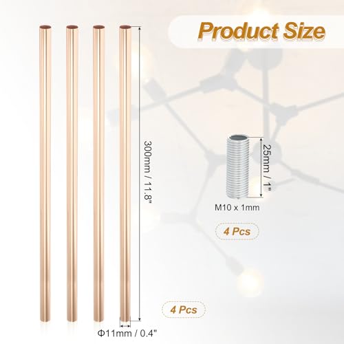 Image of PATIKIL Threaded Extension Rod, 4 Sets 12 inch M10 x 1mm Fine Thread Lamp Pipe with Lamp Pipe Nipples for Pendant Light Island Lighting Chandeliers Stems, Light Gold