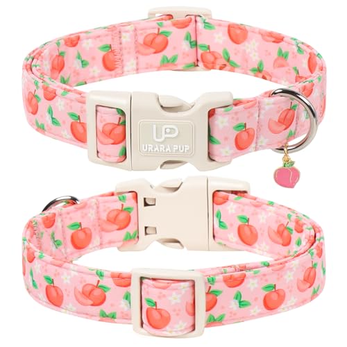Image of Peach Dog Collar, Summer Spring Cotton Dog Collar, Cute Fruit Pattern Adjustable Pink Pet Collar, Lightweight Durable Quick Release Buckle with Charm for Female Dogs