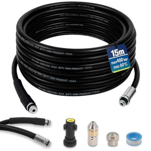 Poweka Kit limpiatubos de 15m compatible con K2, K3, K4, K5, K6, K7, hidrolimpiadora 180Bar 60°C para obturar y limpiar el desagüe