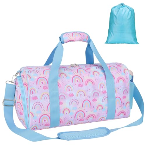 Image of Bagseri Dance Bag for Girls - Kids Duffle with Shoe Compartment, Gymnastics Tote for Sleepover Travel with Water Resistant Wet Pocket (Light Purple Blue Rainbow)
