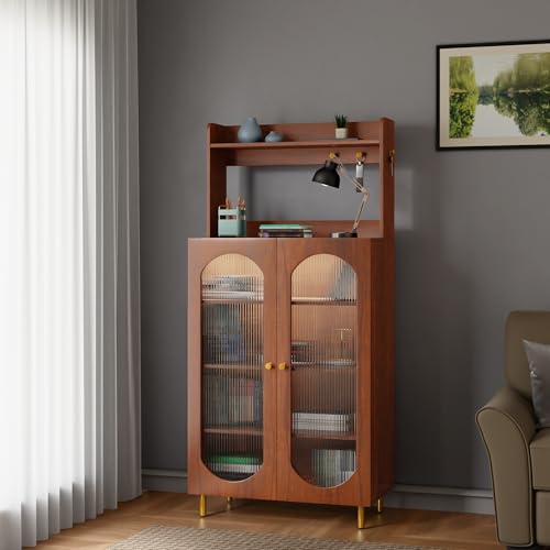 Image of Rocco Stellar Bookshelf with Upper Shelf, Auto LED Lights & Acrylic Doors | Engineered Wood Bookcase | Adjustable Shelves, Scratch-Resistant | Living Room, Library & Office (Teak Brown, Tall Size)