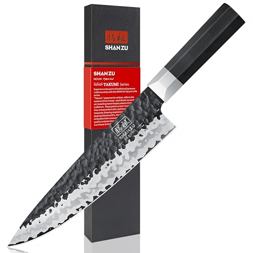 Catálogo de Cuchillos asiáticos - los preferidos. 49 SHAN ZU Cuchillo de Chef Forjado a Mano, 20cm Cuchillo de Cocina, Cuchillo Japonés Afilado de Acero 9CR18MOV de 7 Capas, Cuchillo Gyuto Profesional con Mango G10 - TAKUMI Series