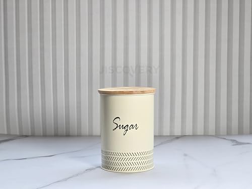 Image of JISCOVERY Airtight Tea, Coffee & Sugar Container Set of 3| Metal Storage Canister with Wooden Lid for Kitchen| Storage Box for Kitchen Counter Top| 1300 ML| Ivory