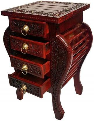 Handmade Bedside Table Floral Carved End Table for Bedroom and Living Room Solid Wood Side Table Solid Wood Side Table with 4 Drawers (Finish Color - Brown, Pre-Assembled) 30 x 53 cm