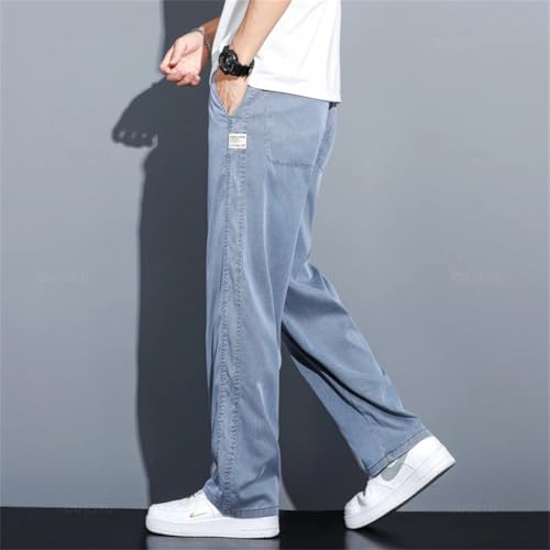Men Summer Thin Soft Lyocell Fabric Jeans Loose Straight Pants Drawstring Elastic Waist Trousers4