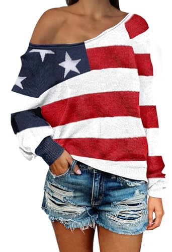 Huusa Women'S American Flag Graphic Sweater Long Sleeve Lightweight Pullover Knit Round Neck Top Color Block Striped Dark Red L thumb #3