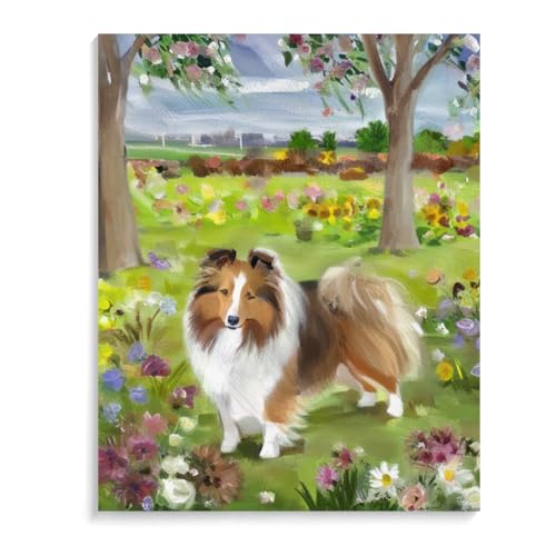 DIY Paint by Numbers Shetland Sheep Dog on Canvas Painting Kits for Adult, Beginner Oil Painting Kits Gift 12x16inch(30x40cm) Frameless