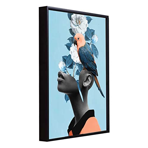 Image of PAINTINGMANTRA Blue Bell Girl With Flower Bouquet Black Framed Canvas Print for Wall, Home and Living Room Decoration (Size - 23 x 17 Inchs)