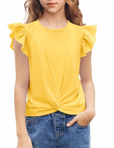 Image of Arshiner Girls Shirt - Short-Sleeve Twist Front T-Shirt for Girls with Cute Flying Sleeves - Summer Blouse Tunic Tee Tops