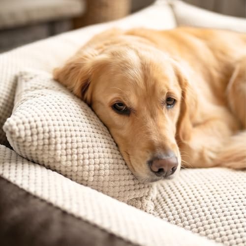 4L Textil Teo Kuscheliges Hundebett Bezug abnehmbar und waschbar Hundekorb mittelgroße Hunde Hundekissen flauschig Hundekörbchen Hundesofa (120x100 cm, Braun/Beige)