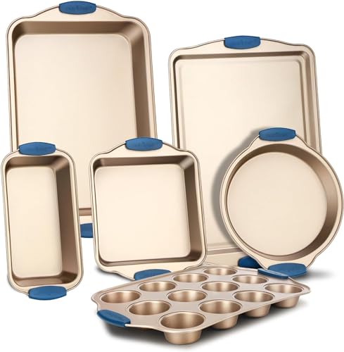 NutriChef, Bakeware Set - Baking Pans, Nonstick Cookie Sheet Pans, Kitchen Oven Trays, Includes: Cookie Sheets, Roasting Pan, Loaf Pan, Muffin Tin, Square Cake Pan, Heat-Safe Handles - Gold, 6 pc