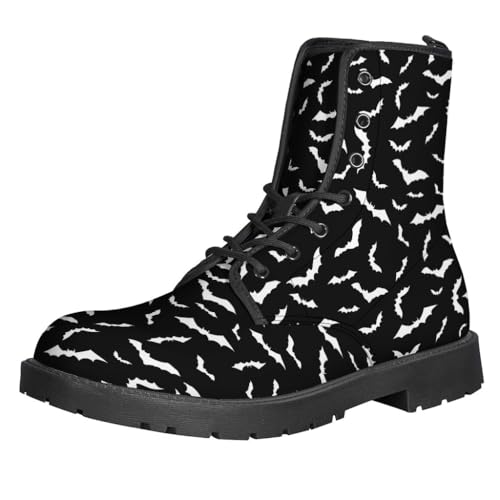Bat Print Leather Boots - Black & White Halloween Design