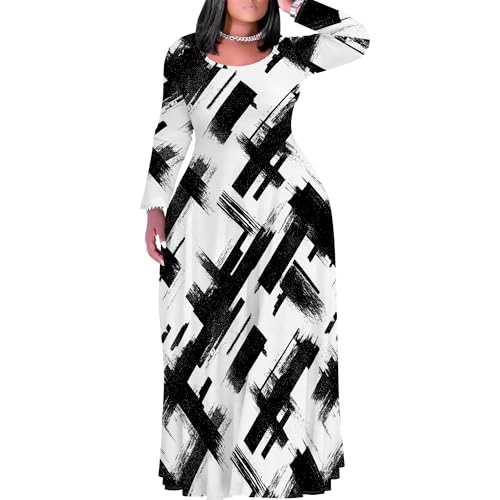 Image of PinkPatty Plus Size Maxi Dress for Curvy Women Crew Neck Long Sleeves Casual Dress Vacation Sundresses with Pockets