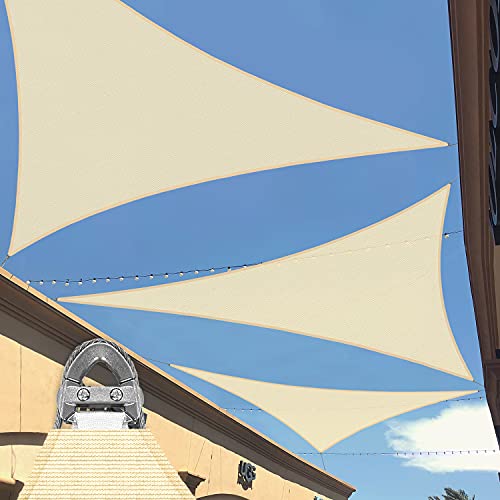 Patio Beige Sun Shade Sail 24' x 24' x 24' Equilateral Triangle Heavy Duty Strengthen Durable Outdoor Canopy UV Block Fabric A-Ring Design Metal Spring Reinforcement with Hardware Kits