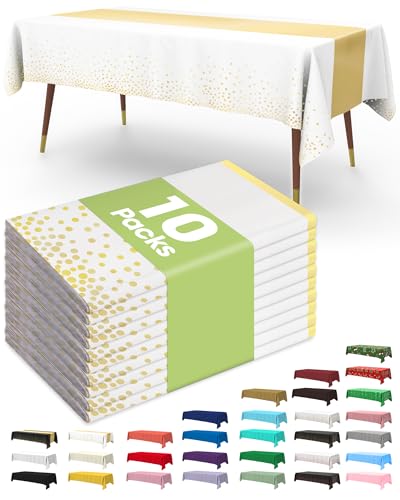 Image of Pureegg Plastic Table Cloth Disposable 10 Pack, 54 x 108 Inch, Table Runner Style, Graduation Decorations 2026, Party Tablecloths, Rectangle, Plastic Cover, Leakproof & Sturdy, White Gold