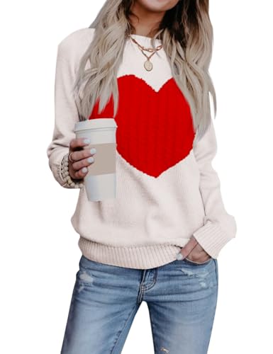 Heart Sweater for Women Valentines Day Gifts for Her Red Sweaters Crewneck Long Sleeve Lightweight Cute Tops