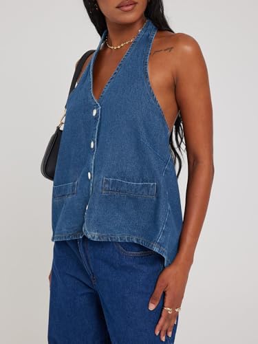 Tankaneo Womens Halter Denim Vest Tops Summer Open Back Y2K Going Out Tank Tops V Neck Button Down Jean Shirts4