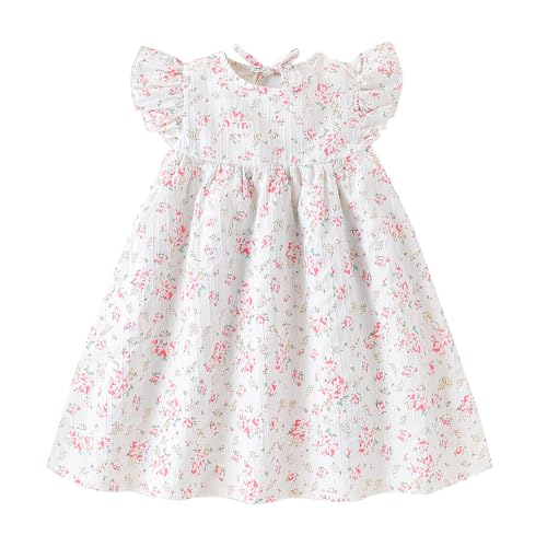Girls Flutter Sleeve Dress, White with Pink Roses Print Dress, Empire Waist，4-7Y