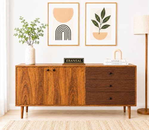 Image of Solid Sheesham Wood Sideboard Cabinet with 3 Drawers & 2 Door Storage | Wooden Buffet Cabinet for Dining Room | Modern Storage Console for Living Room & Entryway
