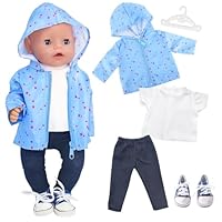 Puppenkleidung 35-45 cm, 5 Stück Puppen Outfits mit Blauer Sternenjacke, T-Shirt, Hose, blauen Schuhen & weißem Kleiderbügel, Kleidung Zubehör für Babypuppen Jungen Mädchen Geschenk