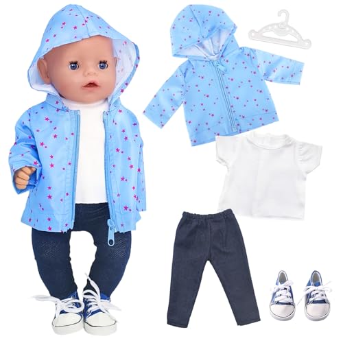 Puppenkleidung 35-45 cm, 5 Stück Puppen Outfits mit Blauer Sternenjacke, T-Shirt, Hose, blauen Schuhen & weißem Kleiderbügel, Kleidung Zubehör für Babypuppen Jungen Mädchen Geschenk