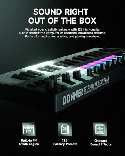 Image of Donner STARRYKEY-37 PLAY MIDI Keyboard Controller, 37 Key Portable MIDI Controller with 128 Build-in Voices, 16 Drum Pads, Arpeggio, Sequencer, USB Wireless Connection, 4 DAW Software, 40 Courses