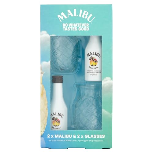 Malibu Coconut Rum Gift Set 2 x 5cl Miniatures 18% ABV with Mini PineappleShaped Glasses Tropical White Rum Taster Set by Blue Tree Gifts