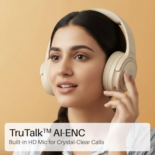 Image of pTron Studio Pro w / 65Hrs Playtime, Wireless Over Ear Headphones with HD Mic, Dual Device Pairing, TruTalk AI-ENC Calls, Low-Latency Game & Music, 40mm Drivers, BT5.4, Type-C Fast Charging (Cream)
