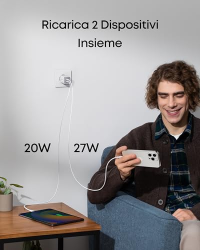 Caricatore USB C 47 W, caricatore 523 (Nano 3), compatto con 2 porte GaN caricatore rapido per iPhone 17 Pro Max Air/Serie 16-12, iPad, Samsung Galaxy S25, Google Pixel, iPad (cavo non incluso) - Hub USB - Immagine 1