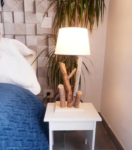 Solenzo - Lampe à poser en bois flotté - abat jour blanc - Ampoule E27 offerte