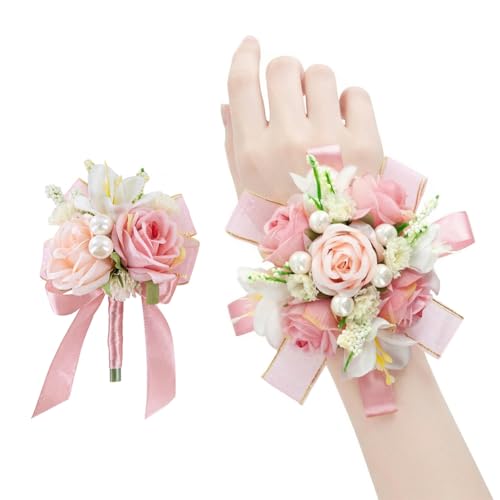 Yelinart Blush Pink Rose Corsage and Boutonniere Set Prom Flower Wrist Corsage Wristlet Band Bracelet Boutonniere for Men Wedding Flowers Accessories Prom Suit Decorations