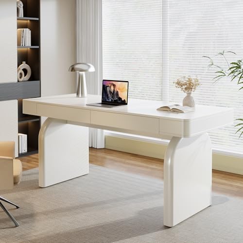 Tribesigns White Desk with Drawers, 63-Inch Modern Elegant Glossy Executive Office Desk, Simple Work Study Desk Writing Table for Home Office, Cream White