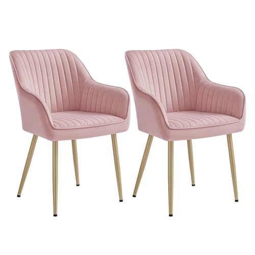 SONGMICS Chaise Salle à Manger, Lot de 2, Chaise de Cuisine, Fauteuil en Velours, Rembourrée, avec Accoudoirs, Charge Max. 120 kg, Pieds en Métal, Rose...