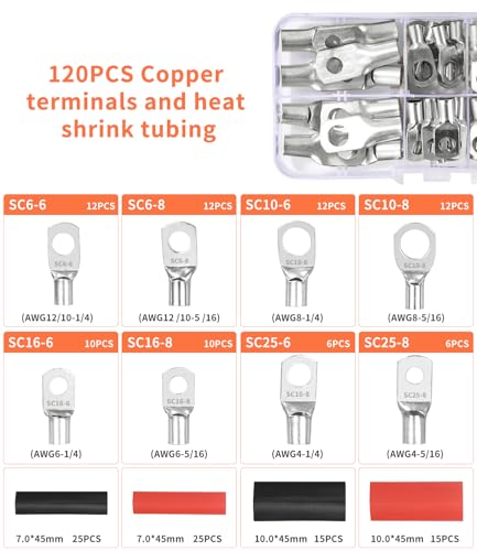 Batteriekabelschuh Crimpzange 6/10/16/25/35/50 mm² und 10–1/0 AWG – Groß Crimpzange Set mit 8 Größen, 60 Kupferringklemmen und 60 Schrumpfschläuchen für Auto, Marine und Haushaltsanwendungen