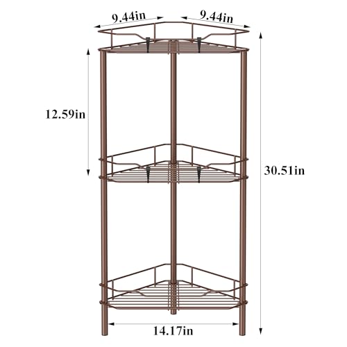 Image of HuggieGems 3 Tier Floor Standing Corner Shower Caddy Organizer Shelf with Hooks, Bathroom Shelves Stand Rack, Coffee