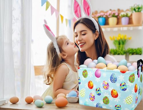 Image of Rectangle Empty Easter Baskets Boy Large Toy Storage Bin Girls collapsible Hamper Waterproof Canvas Box Kid Gifts Spring Decor( Blue Creative Egg )