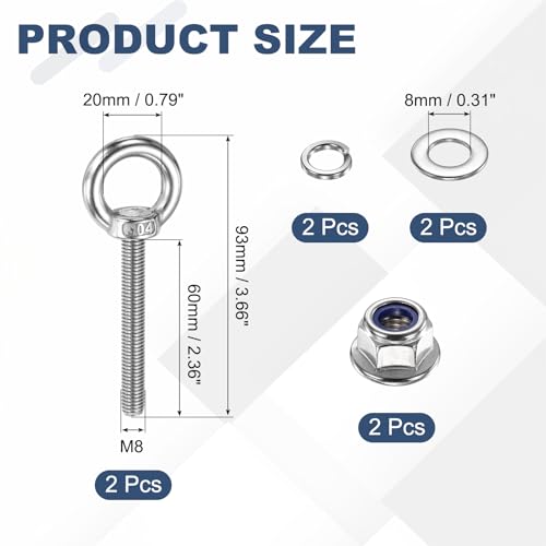 Image of PATIKIL M8 x 60mm Shoulder Eye Bolt, 2 Pcs 304 Stainless Steel Lifting Ring Threaded Eye Bolt with Flange Lock Nuts Spring and Flat Washers for Hanging Tie Down Straps Outdoor Indoor