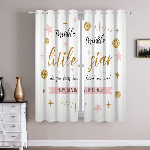 Batmerry Gift for Kids Blackout Curtains for Bedroom, Gold Pink Twinkle Twinkle Little Star Grommet Top Drapes Thermal Insulated Window Curtains, Set of 2 Panels, 52x63 inches
