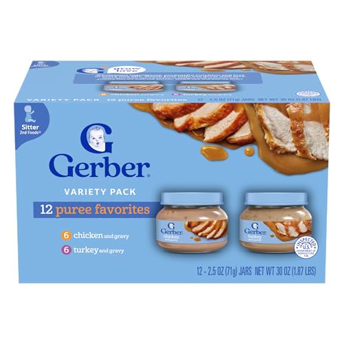 Gerber Stage 2 Baby Food, Chicken & Turkey Variety Pack Jars, Mealtime Poultry Puree, Baby Food Puree,12-Pack