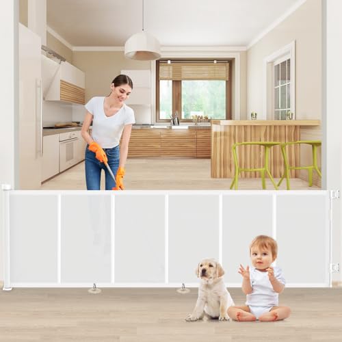Image of Upgrade 120 inch Retractable Baby Gates, EZIGO Extra Wide Baby Gate for Large Opening Extra Long Mesh Gate for Kids or Pet Dog Gate Child Safety Gate for Stairs Hallways Doorway Indoor Outdoor, White